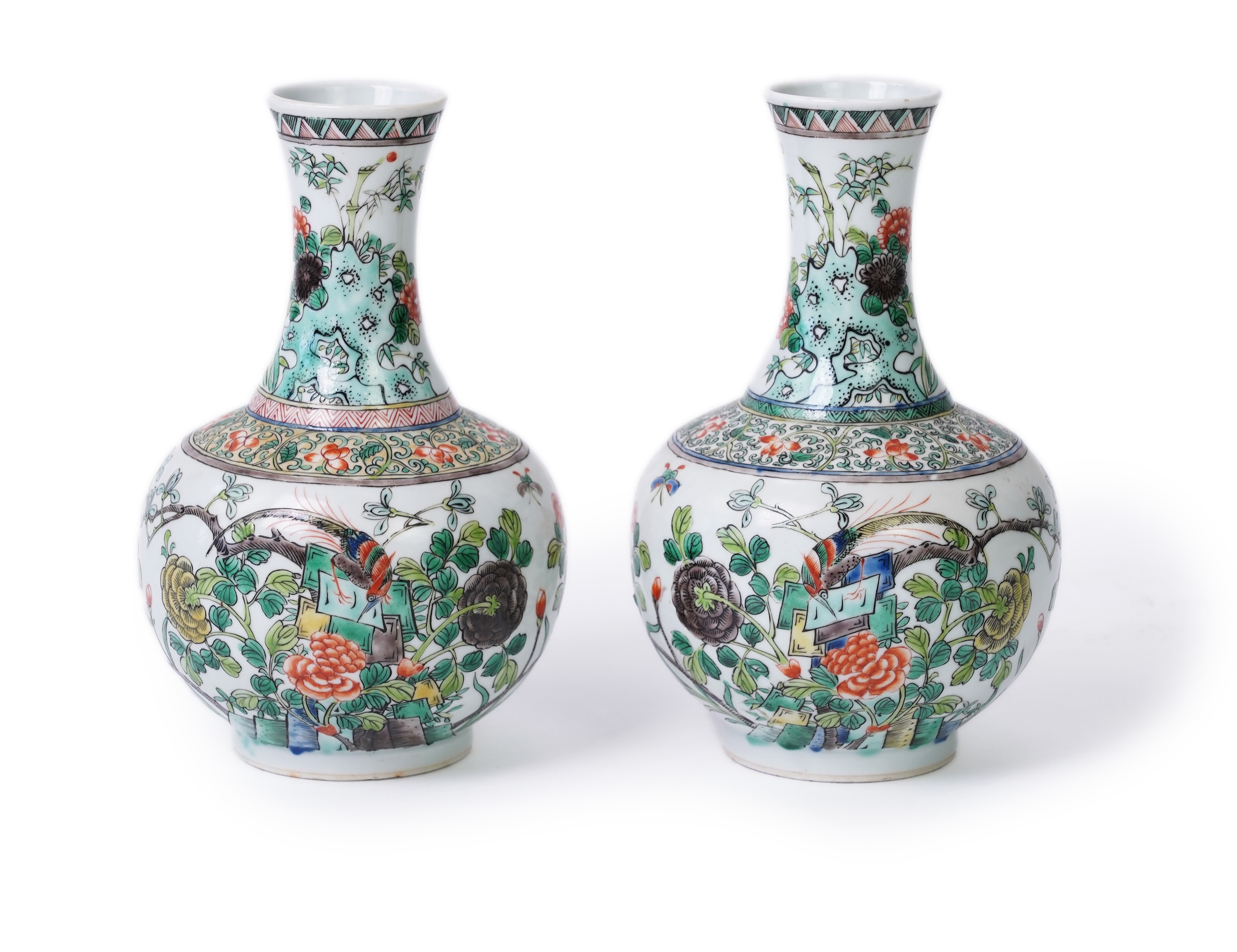 A pair of Chinese famille verte bottle vases, early 20th century